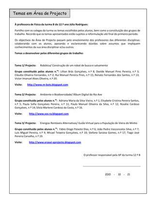 Temas em Área de Projecto

À professora de Física da turma B do 12.º ano Júlia Rodrigues:

Partilho com os colegas da turma os temas escolhidos pelos alunos, bem como a constituição dos grupos de
trabalho. Recordo que os temas apresentados estão sujeitos a reformulação até final do primeiro período.

Os objectivos da Área de Projecto passam pelo envolvimento dos professores das diferentes disciplinas:
colaborando com os alunos, apoiando e esclarecendo dúvidas sobre assuntos que impliquem
conhecimentos da sua área disciplinar e/ou outros.

Temas a desenvolver pelos diferentes grupos de trabalho:



Tema 1/ Projecto:     Robótica/ Construção de um robot de busca e salvamento

Grupo constituído pelos alunos n.os: Lillian Brás Gonçalves, n.º 8; Davide Manuel Pires Pereira, n.º 3;
Cláudio Oliveira Fernandes, n.º 2; Rui Manuel Pereira Pires, n.º 15; Renato Fernandes dos Santos, n.º 13;
Victor Imanuel Alves Oliveira, n.º 20.

Visite:   http://www.m-bots.blogspot.com


Tema 2/ Projecto:     Ambiente e Biodiversidade/ Álbum Digital do Rio Ave

Grupo constituído pelos alunos n.os: Adriana Maria da Silva Vieira, n.º 1; Elisabete Cristina Pereira Santos,
n.º 5; Paula Sofia Gonçalves Pereira, n.º 11; Paulo Manuel Oliveira da Silva, n.º 12; Rosália Cardoso
Gonçalves, n.º 14; Sílvia Marlene Cardoso da Costa, n.º 16.

Visite:     http://www.sos-ra.blogspot.com


Tema 3/ Projecto:     Energias Rentáveis Alternativas/ Guião Virtual para a População de Vieira do Minho

Grupo constituído pelos alunos n.os: Fábio Diogo Peixoto Dias, n.º 6; João Pedro Vasconcelos Silva, n.º 7;
Luís Miguel Pereira, n.º 9; Micael Teixeira Gonçalves, n.º 10; Stefano Saraiva Gomes, n.º 17; Tiago José
Pereira Carvalho, n.º 19.

Visite:     http://www.eraxxi-aprojecto.blogspot.com



                                                            O professor responsável pela AP da turma 12.º B




                                                                               2010   -   10   -   21
 