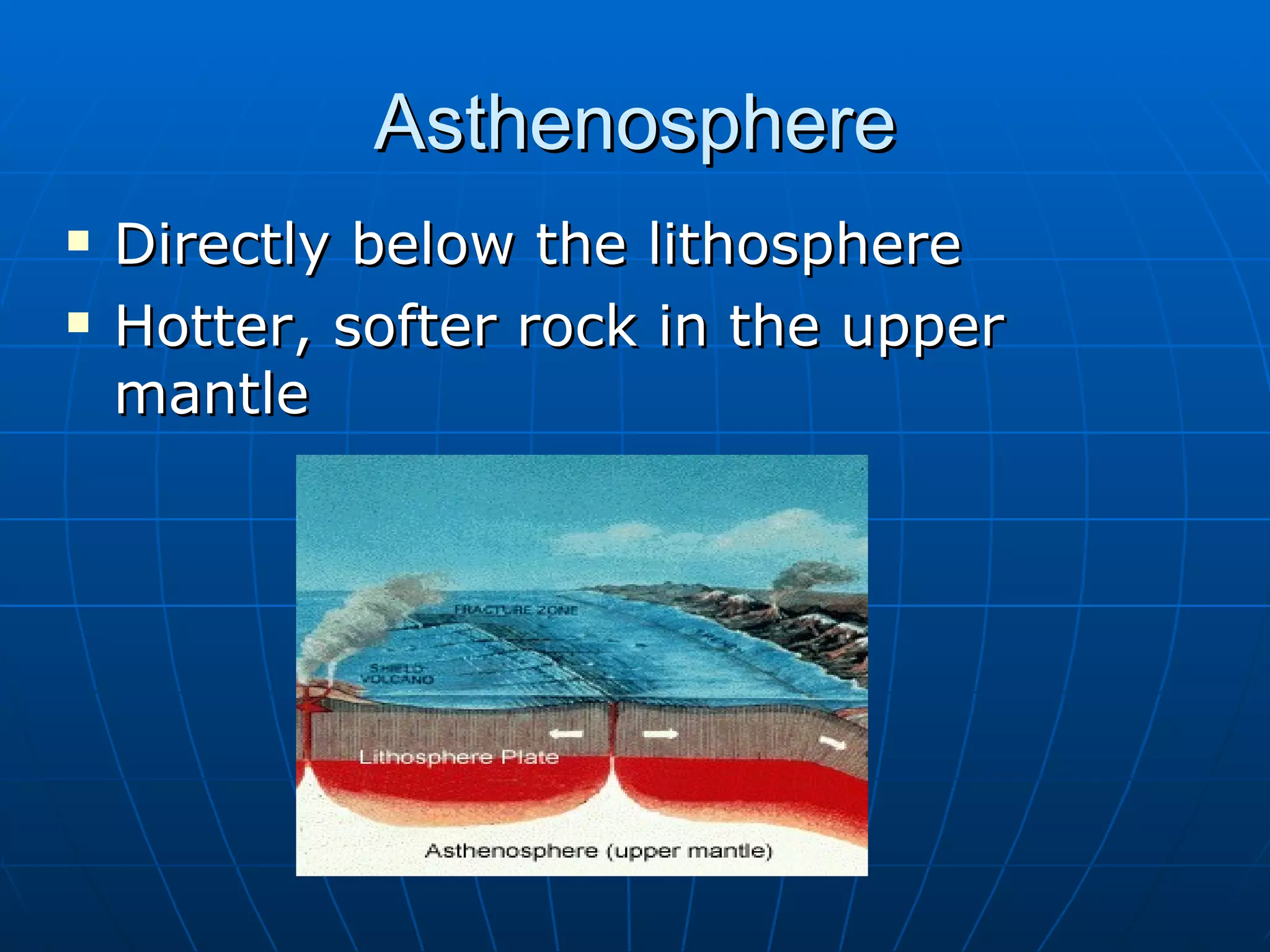 Asthenosphere Directly below the lithosphere Hotter, softer rock in the upper mantle