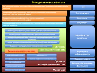 Меж дисциплинарные слои
Гея, Ноосфера (нужное подставить) как сеть человеческих и нечеловеческих цивилизаций и
кластеров                                                                                          ???

Цивилизация людей в целом как вида как сеть социальных национальных
кластеров, смыслов, ценностей, мифов
                                                                                             Гео-политики

Государство, нация, конфессия, этнос как сеть социальных                                      Политологи
кластеров, смыслов, ценностей, мифов

Группа людей как кластер социальной сети – членов группы, семьи, рода, групповых              Социологи
смыслов, ценностей


       Индивидуальные смыслы, цели и способы действия – сеть императивов

        Индивидуальная система ценностей и принципов – сеть императивов
                                                                                            Психологи, соц.
      Индивидуальная картина мира, стереотипы, предубеждения, мифы – сеть
                                 императивов
                                                                                              работники
      Полная индивидуальная семантическая сеть – вербальное и невербальное

         Ощущения – как представления - несемантические узлы
                                                                Личность
      Функциональная структура мозга
                                                   как семантическая сеть
                                                                                             Нерологи и
    Функциональные системы                    Нейронная сеть
                                                                                           нейропсихологи

       Органы и части тела          Мозг как морфологическая структура                     Физиологи и врачи
       Клеточный уровень                                      Организм
                                                                                         Биологи, фармацевты,
                                                как функциональная сеть
     Молекулярный уровень                                                                     биохимики
    Атомно квантовый уровень                                         Микро мир                  Физики
 