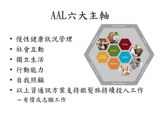 AAL六大主軸
• 慢性健康狀況管理
• 社會互動
• 獨立生活
• 行動能力
• 自我照顧
• 以上資通訊方案支持銀髮族持續投入工作
– 有償或志願工作
 