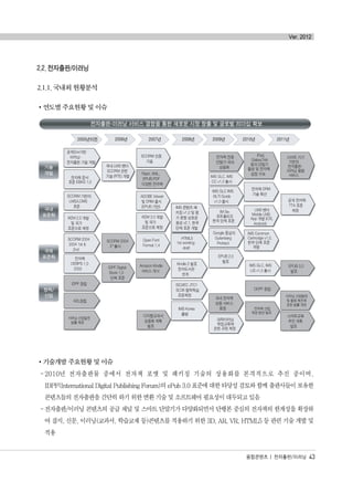 2.2. 전자출판/이러닝
2.1.1. 국내외 현황분석
연도별 주요현황 및 이슈
기술개발 주요현황 및 이슈
-2010년 전자출판물 중에서 전자책 포맷 및 패키징 기술의 상용화를 본격적으로 추진 중이며,
IDPF(International Digital Publishing Forum)의 ePub 3.0 표준에 대한 타당성 검토와 함께 출판사들이 보유한
콘텐츠들의 전자출판을 간단히 하기 위한 변환 기술 및 소프트웨어 필요성이 대두되고 있음
-전자출판/이러닝 콘텐츠의 공급 채널 및 스마트 단말기가 다양화되면서 단행본 중심의 전자책의 한계성을 확장하
여 잡지, 신문, 이러닝(교과서, 학습교재 등)콘텐츠를 적용하기 위한 3D, AR, VR, HTML5 등 관련 기술 개발 및
적용
융합콘텐츠 | 전자출판/이러닝 43
Ver. 2012
융합콘텐츠2012.1.2812:52AM페이지43
 