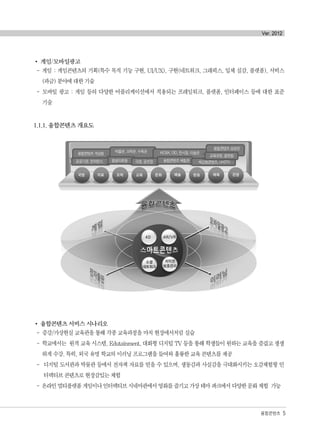 게임/모바일광고
- 게임 : 게임콘텐츠의 기획(특수 목적 기능 구현, UI/UX), 구현(네트워크, 그래픽스, 입체 실감, 플랫폼), 서비스
(과금) 분야에 대한 기술
- 모바일 광고 : 게임 등의 다양한 어플리케이션에서 적용되는 프레임워크, 플랫폼, 인터페이스 등에 대한 표준
기술
1.1.1. 융합콘텐츠 개요도
융합콘텐츠 서비스 시나리오
- 증강/가상현실 교육관을 통해 각종 교육과정을 마치 현장에서처럼 실습
- 학교에서는 원격 교육 시스템, Edutainment, 대화형 디지털 TV 등을 통해 학생들이 원하는 교육을 즐겁고 생생
하게 수강. 특히, 외국 유명 학교의 이러닝 프로그램을 들여와 훌륭한 교육 콘텐츠를 제공
- 디지털 도서관과 박물관 등에서 전자책 자료를 얻을 수 있으며, 생동감과 사실감을 극대화시키는 오감체험형 인
터랙티브 콘텐츠로 현장감있는 체험
- 온라인멀티플랫폼게임이나인터랙티브시네마관에서영화를즐기고가상테마파크에서다양한문화체험 가능
융합콘텐츠 5
융합콘텐츠 게임방
박물관, 과학관, 수족관 KIOSK, DID, 전시장, 미술관
융합콘텐츠 상영관
교육과정, 훈련원
공공기관, 컨퍼런스 평생의료원 극장, 공연장 융합콘텐츠 체험관 체감형콘텐츠, UHDTV
국방
4D AR/VR
소셜
네트워크
저작권
보호관리
의료 오락 교육 문화 예술 방송 체육 관광
Ver. 2012
융합콘텐츠2012.1.2812:51AM페이지5
 