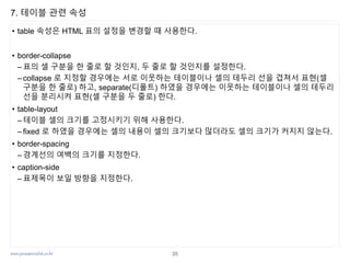 www.javaspecialist.co.kr
7. 테이블 관련 속성
• table 속성은 HTML 표의 설정을 변경할 때 사용한다.
• border-collapse
–표의 셀 구분을 한 줄로 할 것인지, 두 줄로 할 것인지를 설정한다.
– collapse 로 지정할 경우에는 서로 이웃하는 테이블이나 셀의 테두리 선을 겹쳐서 표현(셀
구분을 한 줄로) 하고, separate(디폴트) 하였을 경우에는 이웃하는 테이블이나 셀의 테두리
선을 분리시켜 표현(셀 구분을 두 줄로) 한다.
• table-layout
–테이블 셀의 크기를 고정시키기 위해 사용한다.
– fixed 로 하였을 경우에는 셀의 내용이 셀의 크기보다 많더라도 셀의 크기가 커지지 않는다.
• border-spacing
– 경계선의 여백의 크기를 지정한다.
• caption-side
–표제목이 보일 방향을 지정한다.
35
 