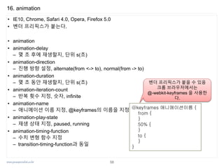 www.javaspecialist.co.kr
16. animation
• IE10, Chrome, Safari 4.0, Opera, Firefox 5.0
• 벤더 프리픽스가 붙는다.
• animation
• animation-delay
– 몇 초 후에 재생할지, 단위 s(초)
• animation-direction
– 진행 방향 설정, alternate(from <-> to), normal(from -> to)
• animation-duration
– 몇 초 동안 재생할지, 단위 s(초)
• animation-iteration-count
– 반복 횟수 지정, 숫자, infinite
• animation-name
– 애니메이션 이름 지정, @keyframes의 이름을 지정
• animation-play-state
– 재생 상태 지정, paused, running
• animation-timing-function
– 수치 변형 함수 지정
– transition-timing-function과 동일
@keyframes 애니메이션이름 {
from {
}
50% {
}
to {
}
}
벤더 프리픽스가 붙을 수 있음
크롬 브라우저에서는
@-webkit-keyframes 을 사용한
다.
58
 