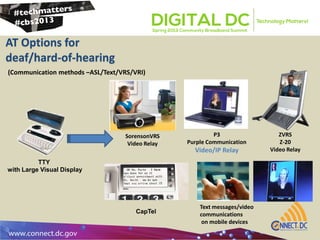 AT Options for
deaf/hard-of-hearing
(Communication methods –ASL/Text/VRS/VRI)
TTY
with Large Visual Display
CapTel
P3
Purple Communication
Video/IP Relay
SorensonVRS
Video Relay
Text messages/video
communications
on mobile devices
ZVRS
Z-20
Video Relay
 