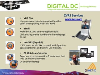ZVRS Services
www.zvrs.com• VCO Plus
Use your own voice to speak to the other
caller when placing VRS calls, PLUS
• eZcall
Make both ZVRS and videophone calls
Click on any phone number on the web page
to call
• HolaVRS (Español)
If ASL users would like to speak with Spanish-
speaking friends and family. Use HolaVRS.
• Z5 Mobile and desktop
Experience communication freedom on their
iPad or iPhone anywhere
Or on your desktop
 