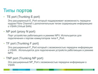 • TE port (Trunking E port)
            Это расширенный E_Port который поддерживает возможность передачи
            кадров Fibre Channel с дополнительным тегом содержащим информацию
            о VSAN (Virtual SAN)

• NP port (proxy N port)
            Порт устройства работающего в режиме NPV. Используется для
            подключения к портам коммутаторов типа F_Port.

• TF port (Trunking F port)
            Это расширенный F_Port который c возможностью передачи информации
            о VSAN . Используется для подключения устройств работающих в режиме
            NPV.

• TNP port (Trunking NP port)
            Это расширенный NP_Port c возможностью передачи информации о
            VSAN

© 2011 Cisco and/or its affiliates. All rights reserved.                          11
 