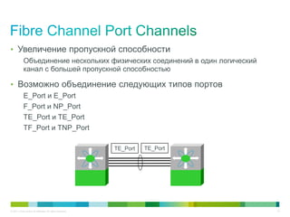 • Увеличение пропускной способности
            Объединение нескольких физических соединений в один логический
            канал с большей пропускной способностью

• Возможно объединение следующих типов портов
            E_Port и E_Port
            F_Port и NP_Port
            TE_Port и TE_Port
            TF_Port и TNP_Port

                                                           TE_Port   TE_Port




© 2011 Cisco and/or its affiliates. All rights reserved.                       14
 