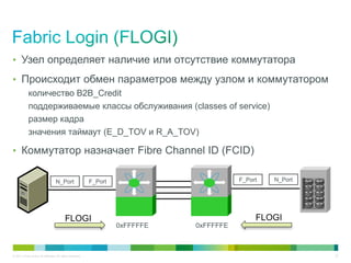 • Узел определяет наличие или отсутствие коммутатора

• Происходит обмен параметров между узлом и коммутатором
            количество B2B_Credit
            поддерживаемые классы обслуживания (classes of service)
            размер кадра
            значения таймаут (E_D_TOV и R_A_TOV)

• Коммутатор назначает Fibre Channel ID (FCID)


                                   N_Port                  F_Port                         F_Port   N_Port




                                          FLOGI                                                FLOGI
                                                                    0xFFFFFE   0xFFFFFE



© 2011 Cisco and/or its affiliates. All rights reserved.                                                    22
 