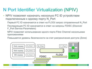 • NPIV позволяет назначать несколько FC ID устройствам
       подключенным к одному порту N_Port
            Первый FC ID назначается в ответ на FLOGI запрос отправленный N_Port
            Последующие FC ID назначается в ответ на запросы FDISC (Discover
            F_Port Service Parameters)
            NPIV позволяет использование одного порта Fibre Channel несколькими
            приложениями
            Повышается уровень безопасности за счет разграничения доступа (Zone)


                                Web сервер                 N_Port 1   N_Port      F_Port

                                Mail сервер                N_Port 2

                                  DB сервер                N_Port 3            FLOGI       NPIV
                                                                       FDISC



© 2011 Cisco and/or its affiliates. All rights reserved.                                          25
 
