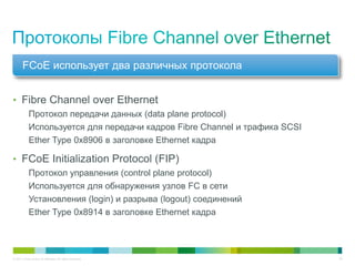 FCoE использует два различных протокола


• Fibre Channel over Ethernet
            Протокол передачи данных (data plane protocol)
            Используется для передачи кадров Fibre Channel и трафика SCSI
            Ether Type 0x8906 в заголовке Ethernet кадра

• FCoE Initialization Protocol (FIP)
            Протокол управления (control plane protocol)
            Используется для обнаружения узлов FC в сети
            Установления (login) и разрыва (logout) соединений
            Ether Type 0x8914 в заголовке Ethernet кадра




© 2011 Cisco and/or its affiliates. All rights reserved.                    36
 