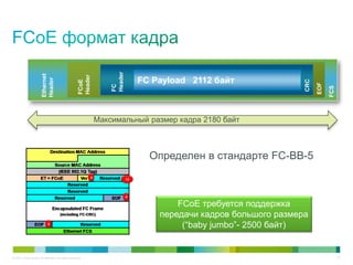 Header
                       Ethernet




                                                     Header
                                                                           FC Payload 2112 байт
                       Header




                                                                                                              CRC
                                                     FCoE




                                                                                                                    EOF
                                                                  FC




                                                                                                                          FCS
                                                              Максимальный размер кадра 2180 байт



                                                                             Определен в стандарте FC-BB-5



                                                                                   FCoE требуется поддержка
                                                                               передачи кадров большого размера
                                                                                    (“baby jumbo”- 2500 байт)


© 2011 Cisco and/or its affiliates. All rights reserved.                                                                        37
 