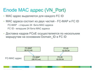 • MAC адрес выделяется для каждого FC ID

• MAC адреса состоит из двух частей - FC-MAP и FC ID
            FC-MAP - старшие 24 бита MAC адреса
            FC ID - младшие 24 бита MAC адреса

• Доставка кадров FCoE осуществляется по нескольким
       маршрутам на основании Domain_ID в FC ID


                                                           FC-MAP                     FC-ID
                                                           0E-FC-00                  02.00.04


                                                                   FC-MAP       FC-ID
     FC-MAC адрес                                                 (0E-FC-xx)   02.00.04




© 2011 Cisco and/or its affiliates. All rights reserved.                                        50
 
