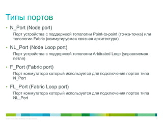 • N_Port (Node port)
            Порт устройства с поддержкой топологии Point-to-point (точка-точка) или
            топологии Fabric (коммутируемая связная архитектура)

• NL_Port (Node Loop port)
            Порт устройства с поддержкой топологии Arbitrated Loop (управляемая
            петля)

• F_Port (Fabric port)
            Порт коммутатора который используется для подключения портов типа
            N_Port

• FL_Port (Fabric Loop port)
            Порт коммутатора который используется для подключения портов типа
            NL_Port



© 2011 Cisco and/or its affiliates. All rights reserved.                              9
 