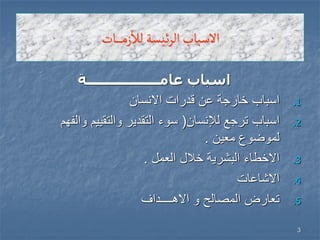 3
‫ـات‬‫ـ‬‫ـ‬‫ـ‬‫ـ‬‫ـ‬‫م‬‫ز‬
‫أ‬
‫لل‬‫ئٌسة‬‫ر‬‫ال‬‫االسباب‬
‫عامــــــــــــــــــة‬ ‫اسباب‬
.1‫االنسان‬ ‫قدرات‬ ‫عن‬ ‫خارجة‬ ‫اسباب‬
.2‫لإلنسان‬ ‫ترجع‬ ‫اسباب‬(‫والفهم‬ ‫والتقٌٌم‬ ‫التقدٌر‬ ‫سوء‬
‫معٌن‬ ‫لموضوع‬.
.3‫العمل‬ ‫خالل‬ ‫البشرٌة‬ ‫االخطاء‬.
.4‫االشاعات‬
.5‫االهــــداف‬ ‫و‬ ‫المصالح‬ ‫تعارض‬
 