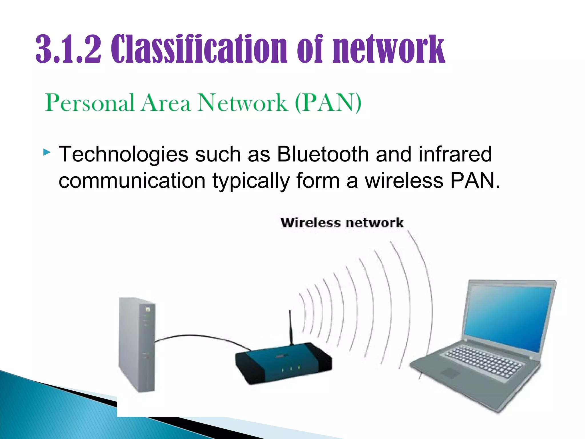 3.1.2 Classification of network

   Technologies such as Bluetooth and infrared
    communication typically form a wireless PAN.
 