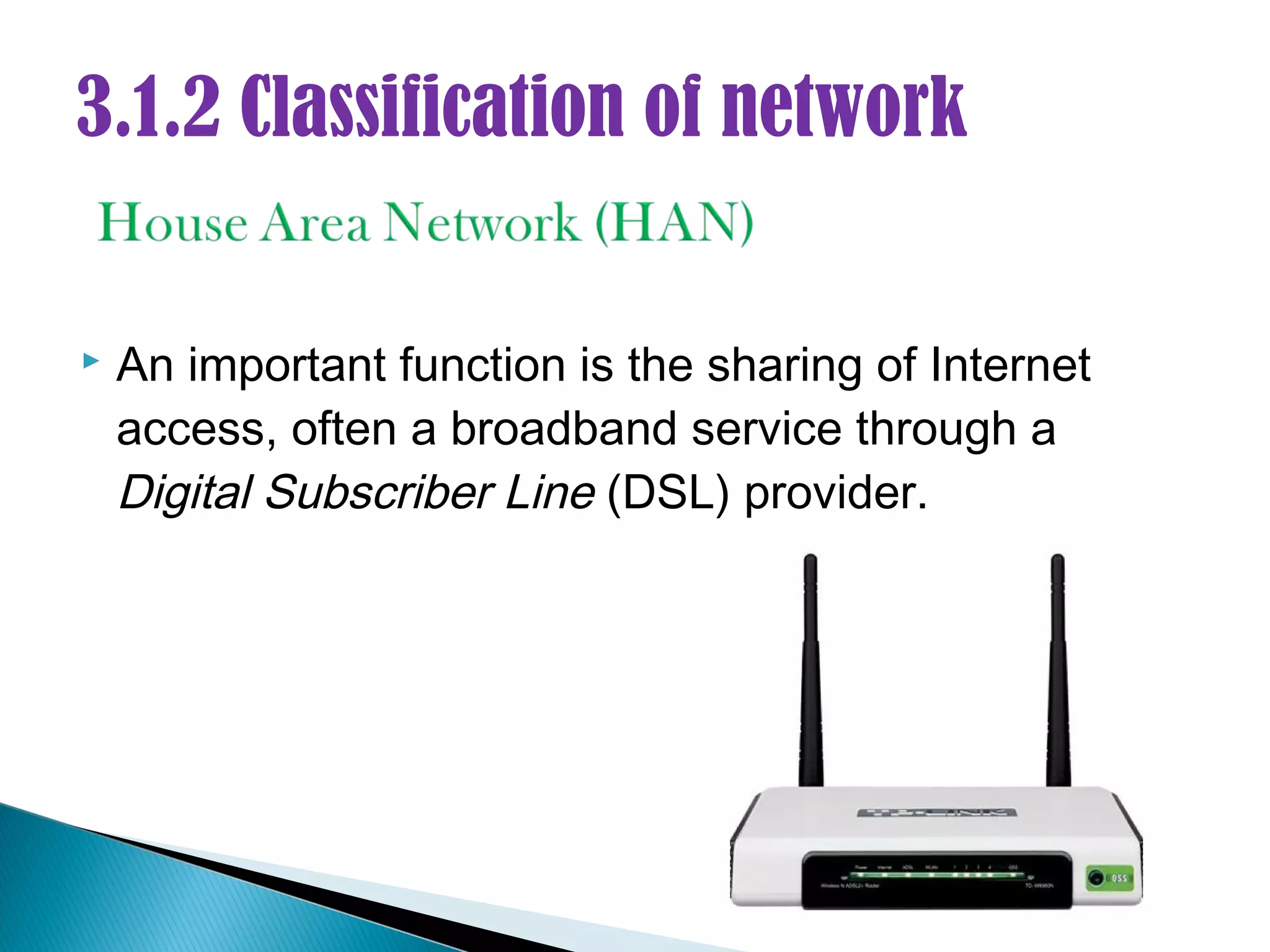 3.1.2 Classification of network


   An important function is the sharing of Internet
    access, often a broadband service through a
    Digital Subscriber Line (DSL) provider.
 