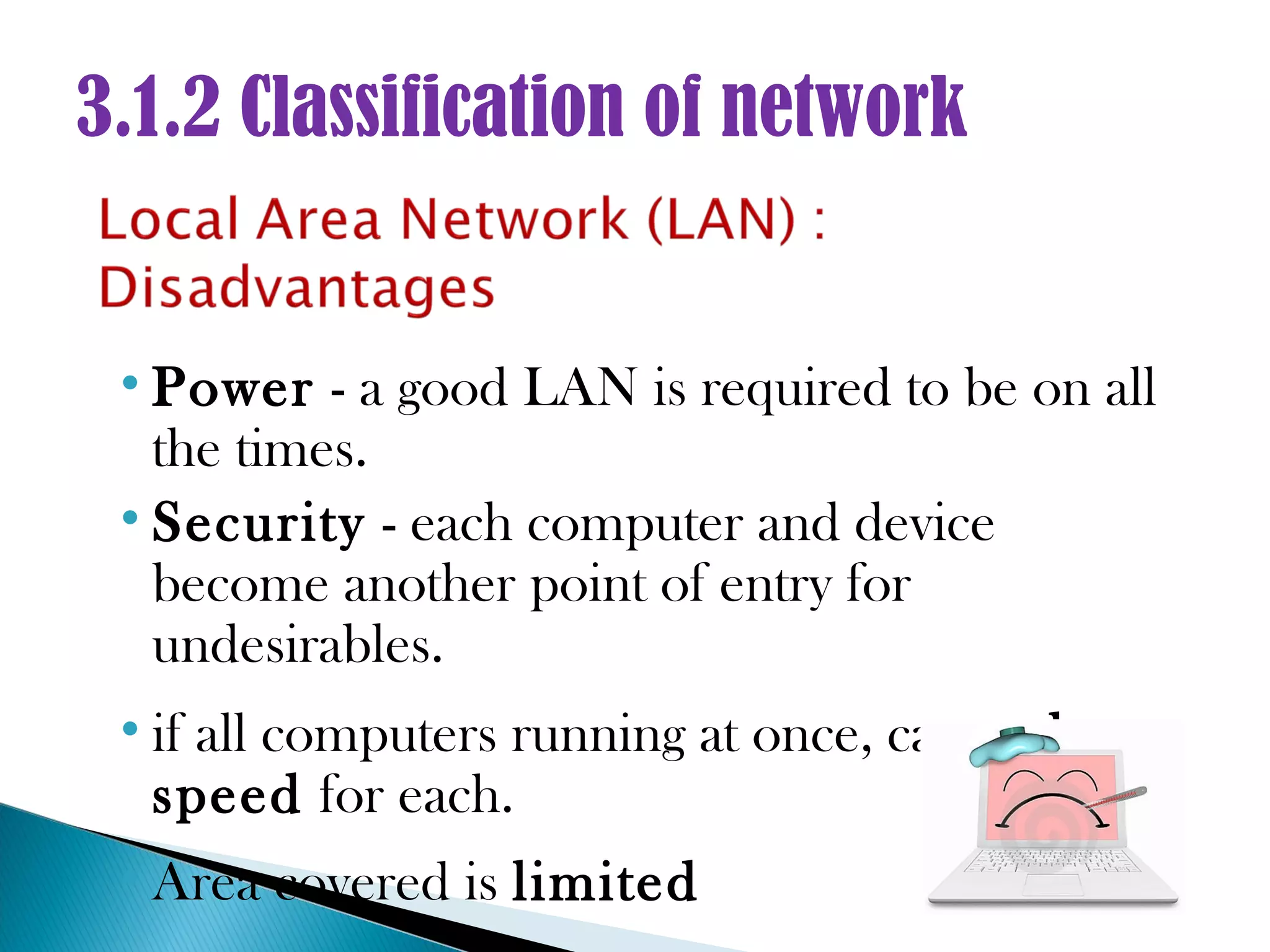 3.1.2 Classification of network


 • Power - a good LAN is required to be on all
   the times.
 • Security - each computer and device
   become another point of entry for
   undesirables.
 • if all computers running at once, can reduce
   speed for each.
 • Area covered is limited
 