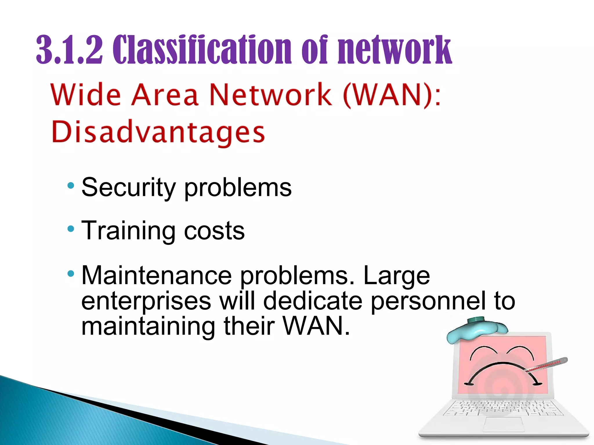 3.1.2 Classification of network


  • Security problems
  • Training costs
  • Maintenance problems. Large
    enterprises will dedicate personnel to
    maintaining their WAN.
 