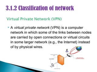 3.1.2 Classification of network


   A virtual private network (VPN) is a computer
    network in which some of the links between nodes
    are carried by open connections or virtual circuits
    in some larger network (e.g., the Internet) instead
    of by physical wires.
 