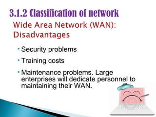 3.1.2 Classification of network


  • Security problems
  • Training costs
  • Maintenance problems. Large
    enterprises will dedicate personnel to
    maintaining their WAN.
 