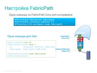 Одна команда на FabricPath Core port интерфейсе
                                 N7K(config)# feature-set fabricpath
                                 N7K(config)# interface ethernet 1/1
                                 N7K(config-if)# switchport mode fabricpath



                                                                                      FabricPath
           Одна команда для Vlan                                         FabricPath      F1
                                                                          Core Port

           S100(config)# vlan 10
           S100(config-vlan)# mode ?
             ce          Classical Ethernet VLAN mode
             fabricpath Fabricpath VLAN mode          Classical Ethernet                 F1
                                                                          Edge Port
           S100(config-vlan)# mode fabricpath
           S100(config-vlan)#




© 2011 Cisco and/or its affiliates. All rights reserved.                                           35
 