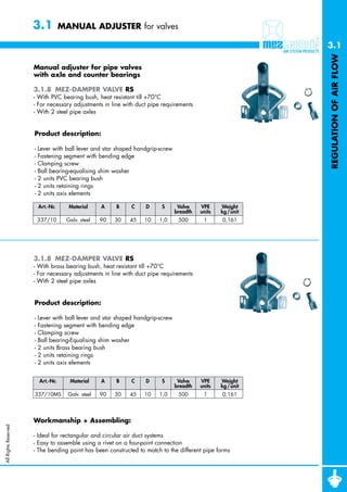 3.1            MANUAL ADJUSTER for valves

                                                                                                              3.1




                                                                                                              REGULATION OF AIR FLOW
                      Manual adjuster for pipe valves
                      with axle and counter bearings

                      3.1.8 MEZ-DAMPER VALVE RS
                      - With PVC bearing bush, heat resistant till +70°C
                      - For necessary adjustments in line with duct pipe requirements
                      - With 2 steel pipe axles


                      Product description:

                      -   Lever with ball lever and star shaped handgrip-screw
                      -   Fastening segment with bending edge
                      -   Clamping screw
                      -   Ball bearing-equalising shim washer
                      -   2 units PVC bearing bush
                      -   2 units retaining rings
                      -   2 units axis elements

                          Art.-Nr.     Material      A    B    C    D    S        Valve    VPE     Weight
                                                                                 breadth   units   kg /unit
                          337/10      Galv. steel    90   30   45   10   1,0      500       1      0,161




                      3.1.8 MEZ-DAMPER VALVE RS
                      - With brass bearing bush, heat resistant till +70°C
                      - For necessary adjustments in line with duct pipe requirements
                      - With 2 steel pipe axles


                      Product description:

                      -   Lever with ball lever and star shaped handgrip-screw
                      -   Fastening segment with bending edge
                      -   Clamping screw
                      -   Ball bearing-Equalising shim washer
                      -   2 units Brass bearing bush
                      -   2 units retaining rings
                      -   2 units axis elements


                          Art.-Nr.      Material     A    B    C    D    S        Valve    VPE     Weight
                                                                                 breadth   units   kg /unit
                      337/10MS         Galv. steel   90   30   45   10   1,0      500       1      0,161




                      Workmanship + Assembling:
All Rights Reserved




                      - Ideal for rectangular and circular air duct systems
                      - Easy to assemble using a rivet on a four-point connection
                      - The bending point has been constructed to match to the different pipe forms
 