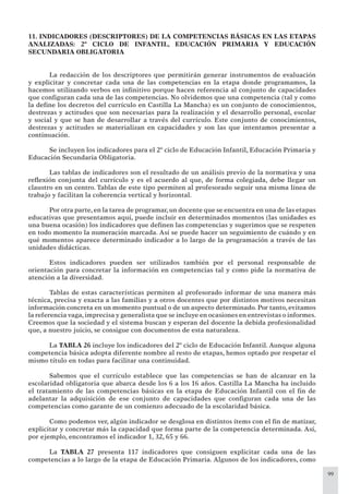 99
11. INDICADORES (DESCRIPTORES) DE LA COMPETENCIAS BÁSICAS EN LAS ETAPAS
ANALIZADAS: 2º CICLO DE INFANTIL, EDUCACIÓN PRIMARIA Y EDUCACIÓN
SECUNDARIA OBLIGATORIA
La redacción de los descriptores que permitirán generar instrumentos de evaluación
y explicitar y concretar cada una de las competencias en la etapa donde programamos, la
hacemos utilizando verbos en inﬁnitivo porque hacen referencia al conjunto de capacidades
que conﬁguran cada una de las competencias. No olvidemos que una competencia (tal y como
la deﬁne los decretos del currículo en Castilla La Mancha) es un conjunto de conocimientos,
destrezas y actitudes que son necesarias para la realización y el desarrollo personal, escolar
y social y que se han de desarrollar a través del currículo. Este conjunto de conocimientos,
destrezas y actitudes se materializan en capacidades y son las que intentamos presentar a
continuación.
Se incluyen los indicadores para el 2º ciclo de Educación Infantil, Educación Primaria y
Educación Secundaria Obligatoria.
Las tablas de indicadores son el resultado de un análisis previo de la normativa y una
reﬂexión conjunta del currículo y es el acuerdo al que, de forma colegiada, debe llegar un
claustro en un centro. Tablas de este tipo permiten al profesorado seguir una misma línea de
trabajo y facilitan la coherencia vertical y horizontal.
Por otra parte,en la tarea de programar,un docente que se encuentra en una de las etapas
educativas que presentamos aquí, puede incluir en determinados momentos (las unidades es
una buena ocasión) los indicadores que deﬁnen las competencias y sugerimos que se respeten
en todo momento la numeración marcada. Así se puede hacer un seguimiento de cuándo y en
qué momentos aparece determinado indicador a lo largo de la programación a través de las
unidades didácticas.
Estos indicadores pueden ser utilizados también por el personal responsable de
orientación para concretar la información en competencias tal y como pide la normativa de
atención a la diversidad.
Tablas de estas características permiten al profesorado informar de una manera más
técnica, precisa y exacta a las familias y a otros docentes que por distintos motivos necesitan
información concreta en un momento puntual o de un aspecto determinado. Por tanto, evitamos
la referencia vaga,imprecisa y generalista que se incluye en ocasiones en entrevistas o informes.
Creemos que la sociedad y el sistema buscan y esperan del docente la debida profesionalidad
que, a nuestro juicio, se consigue con documentos de esta naturaleza.
La TABLA 26 incluye los indicadores del 2º ciclo de Educación Infantil. Aunque alguna
competencia básica adopta diferente nombre al resto de etapas, hemos optado por respetar el
mismo título en todas para facilitar una continuidad.
Sabemos que el currículo establece que las competencias se han de alcanzar en la
escolaridad obligatoria que abarca desde los 6 a los 16 años. Castilla La Mancha ha incluido
el tratamiento de las competencias básicas en la etapa de Educación Infantil con el ﬁn de
adelantar la adquisición de ese conjunto de capacidades que conﬁguran cada una de las
competencias como garante de un comienzo adecuado de la escolaridad básica.
Como podemos ver, algún indicador se desglosa en distintos ítems con el ﬁn de matizar,
explicitar y concretar más la capacidad que forma parte de la competencia determinada. Así,
por ejemplo, encontramos el indicador 1, 32, 65 y 66.
La TABLA 27 presenta 117 indicadores que consiguen explicitar cada una de las
competencias a lo largo de la etapa de Educación Primaria. Algunos de los indicadores, como
 