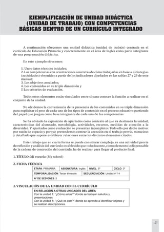 127
EJEMPLIFICACIÓN DE UNIDAD DIDÁCTICA
(UNIDAD DE TRABAJO) CON COMPETENCIAS
BÁSICAS DENTRO DE UN CURRÍCULO INTEGRADO
A continuación ofrecemos una unidad didáctica (unidad de trabajo) centrada en el
currículo de Educación Primaria y concretamente en el área de Inglés como parte integrante
de una programación didáctica.
En este ejemplo ofrecemos:
1. Unos datos técnicos iniciales;
2. Las competencias con orientaciones concretas de cómo trabajarlas en base a estrategias
(actividades) obtenidas a partir de los indicadores diseñados en las tablas 27 y 29 de este
manual;
3. Los objetivos asociados;
4. Los contenidos en su triple dimensión y
5 Los criterios de evaluación.
Todos estos elementos están vinculados entre sí para conocer la función a realizar en el
conjunto de la unidad.
No olvidemos la conveniencia de la presencia de los contenidos en su triple dimensión
para explicitar el peso de cada uno de los tipos de contenido en el proceso educativo partiendo
del papel que juegan como base integrante de cada una de las competencias.
Se ha obviado la exposición de apartados como contexto al que va destinada la unidad,
características del alumnado, metodología, actividades, recursos, medidas de atención a la
diversidad.Y apartados como evaluación se presentan incompletos.Todo ello por doble motivo:
por razón de espacio y porque pretendemos centrar la atención en el trabajo previo, minucioso
y detallado que supone establecer relaciones entre los distintos elementos citados.
Este trabajo que en cierta forma se puede considerar complejo, es una actividad previa
de reﬂexión y análisis del currículo establecido que todo docente, como elemento indispensable
de la cadena de concreción del currículo, ha de realizar para llegar al producto ﬁnal.
1. TÍTULO: Mi escuela (My school)
2. FICHA TÉCNICA
ETAPA: PRIMARIA ASIGNATURA: Inglés NIVEL: 5º CICLO: 3º
TEMPORALIZACIÓN: Tercer trimestre SECUENCIACIÓN: Unidad nº 14
Nº DE SESIONES: 5
3.VINCULACIÓN DE LA UNIDAD CON EL CURRÍCULO
EN RELACIÓN A OTRAS UNIDADES DEL ÁREA
Con la unidad 1: “¿Cómo estás?” donde se trabajan saludos y
presentaciones
Con la unidad 4: “¿Qué es esto?” donde se aprende a identiﬁcar objetos y
se realizan descripciones.
 