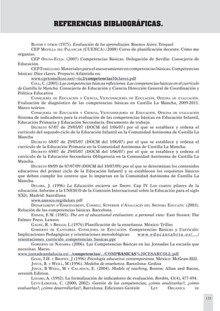133
REFERENCIAS BIBLIOGRÁFICAS.
BLOOM Y OTROS (1975). Evaluación de los aprendizajes. Buenos Aires: Troquel
CEP MOTILLA DEL PALANCAR (CUENCA) (2008) Curso de planiﬁcación decente. Cómo me
organizo.
CEP OSUNA-ECIJA. (2007) Competencias Básicas. Delegación de Sevilla: Consejería de
Educación.
CEPTOMELLOSO.Materialesparaelasesoramientoencompetenciasbásicas.Competencias
básicas: Diez claves. Proyecto Atlántida en:
www.cprtomelloso.net/~tic2/competencias10claves.pdf
COLL, C. (2005) Las competencias básicas reﬂexiones. Las competencias básicas en el currículo
de Castilla la Mancha. Consejería de Educación y Ciencia Dirección General de Coordinación y
Política Educativa
CONSEJERÍA DE EDUCACIÓN Y CIENCIA, VICECONSEJERÍA DE EDUCACIÓN, OFICINA DE EVALUACIÓN.
Evaluación de diagnóstico de las competencias básicas en Castilla La Mancha, 2009-2011.
Marco teórico
CONSEJERÍA DE EDUCACIÓN Y CIENCIA, VICECONSEJERÍA DE EDUCACIÓN, OFICINA DE EVALUACIÓN
Sistema de indicadores para la evaluación de las competencias básicas en Educación Infantil,
Educación Primaria y Educación Secundaria. Documento de trabajo.
DECRETO 67/07 de 29/05/07 (DOCM del 1/06/07) por el que se establece y ordena el
currículo del segundo ciclo de la Educación Infantil en la Comunidad Autónoma de Castilla La
Mancha
DECRETO 68/07 de 29/05/07 (DOCM del 1/06/07) por el que se establece y ordena el
currículo de la Educación Primaria en la Comunidad Autónoma de Castilla La Mancha.
DECRETO 69/07 de 29/05/07 (DOCM del 1/06/07) por el que se establece y ordena el
currículo de la Educación Secundaria Obligatoria en la Comunidad Autónoma de Castilla La
Mancha.
DECRETO 88/09 de 07/07/09 (DOCM del 10/07/09) por el que se determinan los contenidos
educativos del primer ciclo de la Educación Infantil y se establecen los requisitos básicos
que deben cumplir los centros que lo impartan en la Comunidad Autónoma de Castilla La
Mancha.
DELORS, J. (1996) La Educación encierra un Tesoro. Cap IV Los cuatro pilares de la
educación. Informe a la UNESCO de la Comisión Internacional sobre la Educación para el siglo
XXI). Madrid: Santillana
www.unesco.org/delors pdf
DEPARTAMENT D’ENSENYAMENT, CONSELL SUPERIOR D’AVALUACIÓ DEL SISTEMA EDUCATIU (2003).
Relación de las competencias básicas. Barcelona.
EISNER, E.W. (1985). The art of educational evaluation: a personal view. East Sussex: The
Falmer Press. Lewess
GAGNÉ, R. Y BRIGGS, L.(1976).Planiﬁcación de la enseñanza. México: Trillas
GOBIERNO DE CANTABRIA. CONSEJERÍA DE EDUCACIÓN. Competencias Básicas y Currículo:
Implicaciones Pedagógicas y orientaciones metodológicas. w w w. e d u c a n t ab r i a . e s / . . . /
orientaciones_curriculo_competencias_basicas.ppt
GOBIERNO DE NAVARRA (2006). Las Competencias Básicas en las Jornadas La escuela que
necesitas. Marzo
www.juntadeandalucia.es/.../competencias/.../COMPBASICAS%20CESARCOLL.pdf
GOOD, T.H. Y BROPHY, J (1996) Psicología educativa contemporánea. México: McGraw-Hill.
JOYCE, B. Y WEILL, M (1996). Modelos de enseñanza. Barcelona: Gedisa
JOYCE, B WEILL, M Y CAL.HOUN, E. (2004). Models of teaching, Boston: Allan and Bacon,
seventh Edition.
LÁZARO, A. (1992). La formalización de indicadores de evaluación. Bordón, 43(4), 477-494.
LÉVY-LEBOYER, C. (2000, 2002). Gestión de las competencias, ¿cómo analizarlas?, ¿cómo
evaluarlas?, ¿cómo desarrollarlas?, Barcelona: Ediciones Gestión LEY ORGÁNICA DE
 