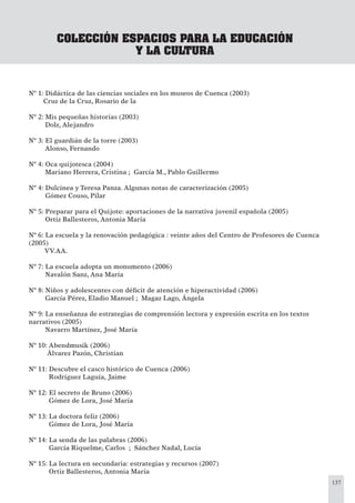 137
COLECCIÓN ESPACIOS PARA LA EDUCACIÓN
Y LA CULTURA
Nº 1: Didáctica de las ciencias sociales en los museos de Cuenca (2003)
Cruz de la Cruz, Rosario de la
Nº 2: Mis pequeñas historias (2003)
Dolz, Alejandro
Nº 3: El guardián de la torre (2003)
Alonso, Fernando
Nº 4: Oca quijotesca (2004)
Mariano Herrera, Cristina ; García M., Pablo Guillermo
Nº 4: Dulcinea y Teresa Panza. Algunas notas de caracterización (2005)
Gómez Couso, Pilar
Nº 5: Preparar para el Quijote: aportaciones de la narrativa juvenil española (2005)
Ortiz Ballesteros, Antonia María
Nº 6: La escuela y la renovación pedagógica : veinte años del Centro de Profesores de Cuenca
(2005)
VV.AA.
Nº 7: La escuela adopta un monumento (2006)
Navalón Sanz, Ana María
Nº 8: Niños y adolescentes con déﬁcit de atención e hiperactividad (2006)
García Pérez, Eladio Manuel ; Magaz Lago, Ángela
Nº 9: La enseñanza de estrategias de comprensión lectora y expresión escrita en los textos
narrativos (2005)
Navarro Martínez, José María
Nº 10: Abendmusik (2006)
Álvarez Pazón, Christian
Nº 11: Descubre el casco histórico de Cuenca (2006)
Rodríguez Laguía, Jaime
Nº 12: El secreto de Bruno (2006)
Gómez de Lora, José María
Nº 13: La doctora feliz (2006)
Gómez de Lora, José María
Nº 14: La senda de las palabras (2006)
García Riquelme, Carlos ; Sánchez Nadal, Lucía
Nº 15: La lectura en secundaria: estrategias y recursos (2007)
Ortiz Ballesteros, Antonia María
 
