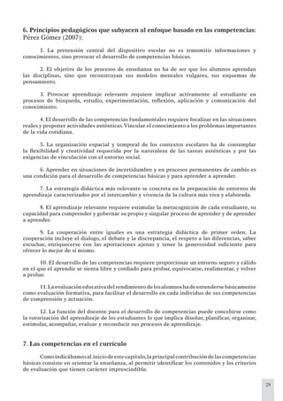 29
6. Principios pedagógicos que subyacen al enfoque basado en las competencias:
Pérez Gómez (2007):
1. La pretensión central del dispositivo escolar no es transmitir informaciones y
conocimientos, sino provocar el desarrollo de competencias básicas.
2. El objetivo de los procesos de enseñanza no ha de ser que los alumnos aprendan
las disciplinas, sino que reconstruyan sus modelos mentales vulgares, sus esquemas de
pensamiento.
3. Provocar aprendizaje relevante requiere implicar activamente al estudiante en
procesos de búsqueda, estudio, experimentación, reﬂexión, aplicación y comunicación del
conocimiento.
4. El desarrollo de las competencias fundamentales requiere focalizar en las situaciones
reales y proponer actividades auténticas.Vincular el conocimiento a los problemas importantes
de la vida cotidiana.
5. La organización espacial y temporal de los contextos escolares ha de contemplar
la ﬂexibilidad y creatividad requerida por la naturaleza de las tareas auténticas y por las
exigencias de vinculación con el entorno social.
6. Aprender en situaciones de incertidumbre y en procesos permanentes de cambio es
una condición para el desarrollo de competencias básicas y para aprender a aprender.
7. La estrategia didáctica más relevante se concreta en la preparación de entornos de
aprendizaje caracterizados por el intercambio y vivencia de la cultura más viva y elaborada.
8. El aprendizaje relevante requiere estimular la metacognición de cada estudiante, su
capacidad para comprender y gobernar su propio y singular proceso de aprender y de aprender
a aprender.
9. La cooperación entre iguales es una estrategia didáctica de primer orden. La
cooperación incluye el dialogo, el debate y la discrepancia, el respeto a las diferencias, saber
escuchar, enriquecerse con las aportaciones ajenas y tener la generosidad suﬁciente para
ofrecer lo mejor de sí mismo.
10. El desarrollo de las competencias requiere proporcionar un entorno seguro y cálido
en el que el aprendiz se sienta libre y conﬁado para probar, equivocarse, realimentar, y volver
a probar.
11.Laevaluacióneducativadelrendimientodelosalumnoshadeentendersebásicamente
como evaluación formativa, para facilitar el desarrollo en cada individuo de sus competencias
de comprensión y actuación.
12. La función del docente para el desarrollo de competencias puede concebirse como
la tutorización del aprendizaje de los estudiantes lo que implica diseñar, planiﬁcar, organizar,
estimular, acompañar, evaluar y reconducir sus procesos de aprendizaje.
7. Las competencias en el currículo
Comoindicábamosal iniciodeestecapítulo,laprincipalcontribucióndelascompetencias
básicas consiste en orientar la enseñanza, al permitir identiﬁcar los contenidos y los criterios
de evaluación que tienen carácter imprescindible.
 