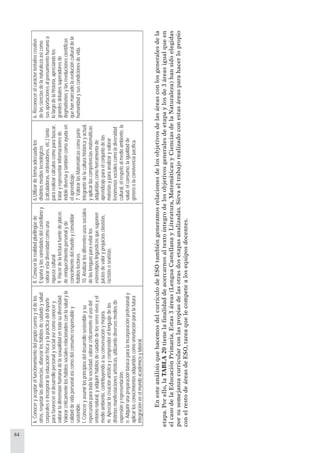 84
EnesteanálisisquehacemosdelcurrículodeESOtambiéngeneramosrelacionesdelosobjetivosdelasáreasconlosgeneralesdela
etapa.Porello,laTABLA20tienelaﬁnalidaddeacercarnosaltextoíntegrodelosobjetivosgeneralesdeetapaylosde3áreasigualqueen
elcasodelaEducaciónPrimaria.Estas3áreas(LenguaCastellanayLiteratura,MatemáticasyCienciasdelaNaturaleza)hansidoelegidas
porsusemejanzacurricularconlaspropiasdelasotrasdosetapasanalizadas.Sirvaeltrabajorealizadoconestasáreasparahacerlopropio
conelrestodeáreasdeESO,tareaquelecompetealosequiposdocentes.
k.Conoceryaceptarelfuncionamientodelpropiocuernoyeldelos
otros,respetarlasdiferencias,afianzarloshábitosdecuidadoysalud
corporaleseincorporarlaeducaciónfísicaylaprácticadeldeporte
parafavorecereldesarrollopersonalysocialasícomoconocery
valorarladimensiónhumanadelasexualidadentodasudiversidad.
Valorarcríticamenteloshábitossocialesrelacionadosconlasaludyla
calidaddevidapersonalasícomodelconsumoresponsabley
sostenible.
l.Conoceryasumirlosprincipiosdeldesarrollosostenibleysu
repercusiónparatodalasociedad,valorarcríticamenteelusodel
entornonatural,yadquirirhábitosdecuidadodelosseresvivosyel
medioambiente,contribuyendoasuconservaciónymejora.
m.Apreciarlacreaciónartísticaycomprenderellenguajedelas
distintasmanifestacionesartísticas,utilizandodiversosmediosde
expresiónyrepresentación.
n.Adquirirunapreparaciónbásicaparalaincorporaciónprofesionaly
aplicarlosconocimientosadquiridoscomoorientaciónparalafutura
integraciónenelmundoacadémicoylaboral.
8.Conocerlarealidadplurilingüede
Españaylasvariedadesdelcastellanoy
valorarestadiversidadcomouna
riquezacultural.
9.Hacerdelalecturafuentedeplacer,
deenriquecimientopersonalyde
conocimientodelmundoyconsolidar
hábitoslectores.
10.Analizarlosdiferentesusossociales
delaslenguasparaevitarlos
estereotiposlingüísticosquesuponen
juiciosdevaloryprejuiciosclasistas,
racistasosexistas.
6Utilizardeformaadecuadalos
distintosmediostecnológicos
(calculadoras,ordenadores,etc.)tanto
pararealizarcálculoscomoparabuscar,
trataryrepresentarinformacionesde
índolediversaytambiéncomoayudaen
elaprendizaje.
7.ValorarlasMatemáticascomoparte
integrantedelaculturahistóricayactual,
yaplicarlascompetenciasmatemáticas
adquiridascomoherramientade
aprendizajeparaelconjuntodelas
materiasyparaanalizaryvalorar
fenómenossocialescomoladiversidad
cultural,elrespetoalmedioambiente,la
salud,elconsumo,laigualdadde
géneroolaconvivenciapacífica.
6.Reconocerelcaráctertentativocreativo
delascienciasdelanaturalezaasícomo
susaportacionesalpensamientohumanoa
lolargodelahistoria,apreciandolos
grandesdebatessuperadoresde
dogmatismosylasrevolucionescientíficas
quehanmarcadolaevoluciónculturaldela
humanidadysuscondicionesdevida.
 