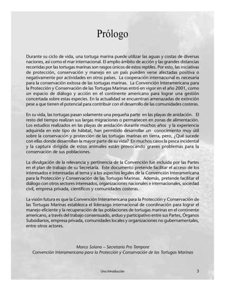 Una Introducción 3
Durante su ciclo de vida, una tortuga marina puede utilizar las aguas y costas de diversas
naciones, así como el mar internacional. El amplio ámbito de acción y las grandes distancias
recorridas por las tortugas marinas son rasgos únicos de estos reptiles. Por esto, las iniciativas
de protección, conservación y manejo en un país pueden verse afectadas positiva o
negativamente por actividades en otros países. La cooperación internacional es necesaria
para la conservación exitosa de las tortugas marinas. La Convención Interamericana para
la Protección y Conservación de las Tortugas Marinas entró en vigor en el año 2001, como
un espacio de diálogo y acción en el continente americano para lograr una gestión
concertada sobre estas especies. En la actualidad se encuentran amenazadas de extinción
pese a que tienen el potencial para contribuir con el desarrollo de las comunidades costeras.
En su vida, las tortugas pasan solamente una pequeña parte en las playas de anidación. El
resto del tiempo realizan sus largas migraciones o permanecen en zonas de alimentación.
Los estudios realizados en las playas de anidación durante muchos años y la experiencia
adquirida en este tipo de hábitat, han permitido desarrollar un conocimiento muy útil
sobre la conservación y protección de las tortugas marinas en tierra, pero, ¿Qué sucede
con ellas donde desarrollan la mayor parte de su vida? En muchos casos la pesca incidental
y la captura dirigida de estos animales están provocando graves problemas para la
conservación de sus poblaciones.
La divulgación de la relevancia y pertinencia de la Convención fue incluida por las Partes
en el plan de trabajo de su Secretaría. Este documento pretende facilitar el acceso de los
interesados e interesadas al tema y a los aspectos legales de la Convención Interamericana
para la Protección y Conservación de las Tortugas Marinas. Además, pretende facilitar el
diálogo con otros sectores interesados, organizaciones nacionales e internacionales, sociedad
civil, empresa privada, científicos y comunidades costeras.
La visión futura es que la Convención Interamericana para la Protección y Conservación de
las Tortugas Marinas establezca el liderazgo internacional de coordinación para lograr el
manejo eficiente y la recuperación de las poblaciones de tortugas marinas en el continente
americano, a través del trabajo consensuado, arduo y participativo entre sus Partes, Órganos
Subsidiarios, empresa privada, comunidades locales y organizaciones no gubernamentales,
entre otros actores.
Marco Solano – Secretario Pro Tempore
Convención Interamericana para la Protección y Conservación de las Tortugas Marinas
Prólogo
Una Introducción 3
 