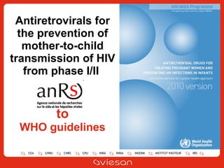 Antiretrovirals for the prevention of mother-to-child transmission of HIV from phase I/II  to WHO guidelines 