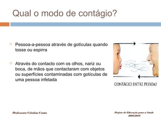 Qual o modo de contágio?
 Pessoa-a-pessoa através de gotículas quando
tosse ou espirra
 Através do contacto com os olhos, nariz ou
boca, de mãos que contactaram com objetos
ou superfícies contaminadas com gotículas de
uma pessoa infetada
ProfessoraCristinaCouto Projeto deEducação paraaSaúde
2009/2010
 