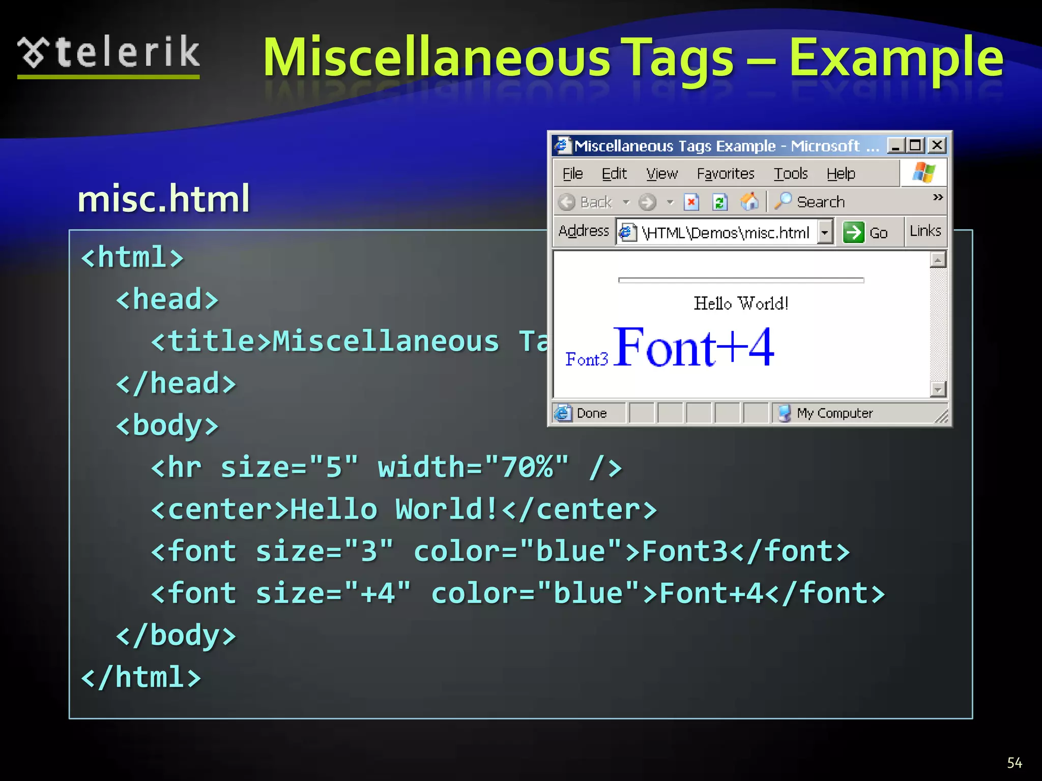 Miscellaneous Tags – Example

misc.html
<html>
  <head>
    <title>Miscellaneous Tags Example</title>
  </head>
  <body>
    <hr size="5" width="70%" />
    <center>Hello World!</center>
    <font size="3" color="blue">Font3</font>
    <font size="+4" color="blue">Font+4</font>
  </body>
</html>

                                                 54
 