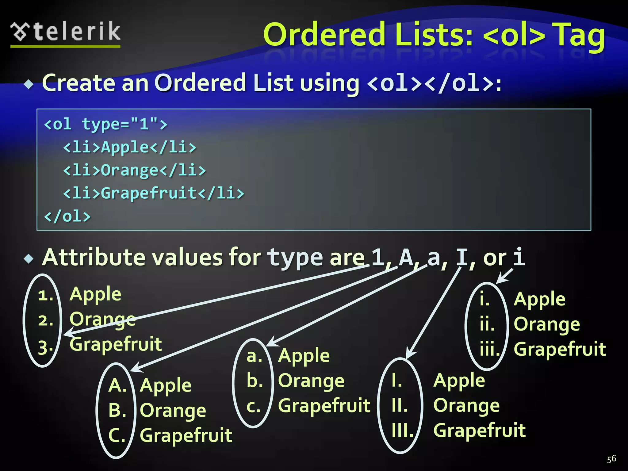 Ordered Lists: <ol> Tag
   Create an Ordered List using <ol></ol>:
    <ol type="1">
      <li>Apple</li>
      <li>Orange</li>
      <li>Grapefruit</li>
    </ol>

   Attribute values for type are 1, A, a, I, or i
    1. Apple                                    i. Apple
    2. Orange                                   ii. Orange
    3. Grapefruit                               iii. Grapefruit
                         a. Apple
           A. Apple      b. Orange     I. Apple
           B. Orange     c. Grapefruit II. Orange
           C. Grapefruit               III. Grapefruit
                                                                  56
 
