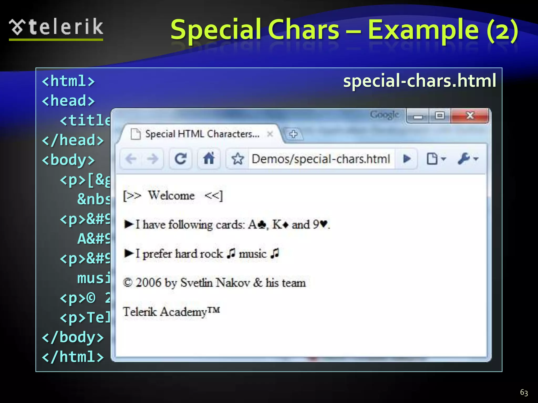Special Chars – Example (2)
<html>                            special-chars.html
<head>
  <title>Special HTML Characters Example</title>
</head>
<body>
  <p>[&gt;&gt;&nbsp;&nbsp;Welcome
    &nbsp;&nbsp;&lt;&lt;]</p>
  <p>&#9658;I have following cards:
    A&#9827;, K&#9830; and 9&#9829;.</p>
  <p>&#9658;I prefer hard rock &#9835;
    music &#9835;</p>
  <p>© 2006 by Svetlin Nakov &amp; his team</p>
  <p>Telerik Academy™</p>
</body>
</html>
                                                       63
 