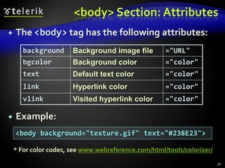 <body> Section: Attributes
   The <body> tag has the following attributes:
       background      Background image file         ="URL"
       bgcolor         Background color              ="color"
       text            Default text color            ="color"
       link            Hyperlink color               ="color"
       vlink           Visited hyperlink color       ="color"

   Example:
    <body background="texture.gif" text="#238E23">

    * For color codes, see www.webreference.com/html/tools/colorizer/
                                                                        36
 