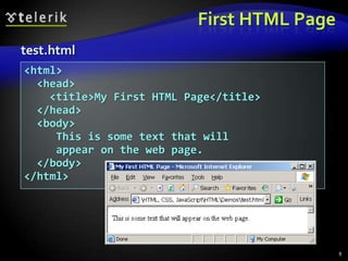 First HTML Page
test.html
<html>
  <head>
    <title>My First HTML Page</title>
  </head>
  <body>
     This is some text that will
     appear on the web page.
  </body>
</html>




                                             8
 