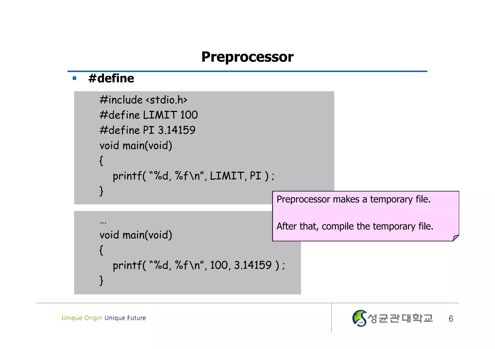 Preprocessor  #define #include <stdio.h> #define LIMIT 100 #define PI 3.14159 void main(void) { printf( “%d, %fn”, LIMIT, PI ) ; } Preprocessor makes a temporary file. … After that, compile the temporary file. void main(void) { printf( “%d, %fn”, 100, 3.14159 ) ; } 6 