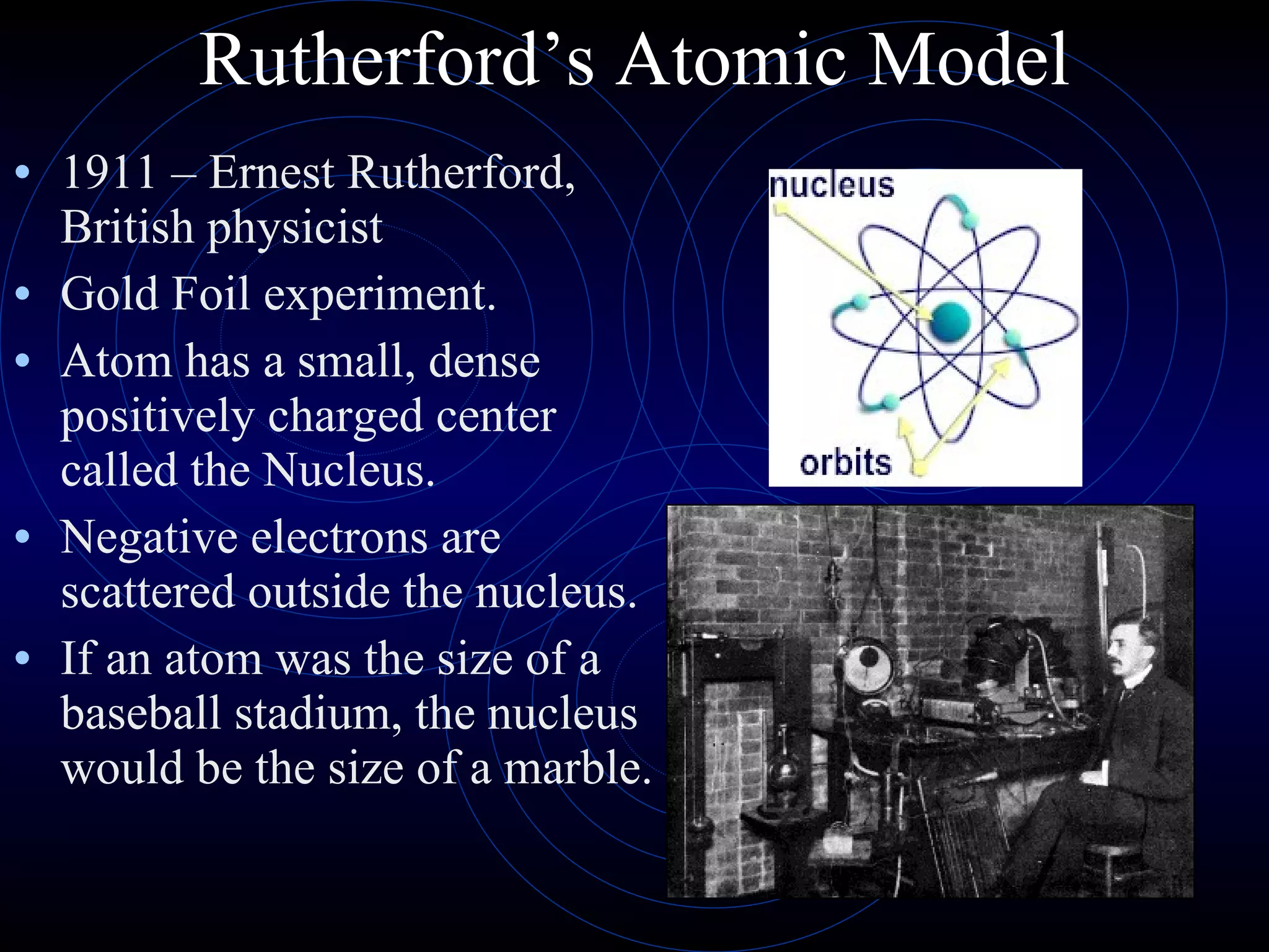 Rutherford’s Atomic Model 1911 – Ernest Rutherford, British physicist Gold Foil experiment. Atom has a small, dense positively charged center called the Nucleus. Negative electrons are scattered outside the nucleus. If an atom was the size of a baseball stadium, the nucleus would be the size of a marble. 