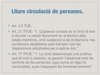 Lliure circulació de persones.
Art. 3.2 TUE.
Art. 21 TFUE: “1. Qualsevol ciutadà de la Unió té dret
a circular i a residir lliurement en el territori dels
estats membres, amb subjecció a les limitacions i les
condicions establertes pels tractats i per les
disposicions adoptades per a aplicar-los.”
Art. 77 TFUE: “1. La Unió desenvolupa una política
que té com a objectiu: a) garantir l’absència total de
controls de les persones, sigui quina en sigui la
nacionalitat, quan traspassin les fronteres interiors”
 