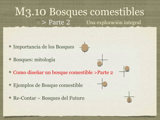 M3.10 Bosques comestibles
           > Parte 2             Una exploración integral



Importancia de los Bosques

Bosques: mitología

Como diseñar un bosque comestible >Parte 2

Ejemplos de Bosque comestible

Re-Contar – Bosques del Futuro
 