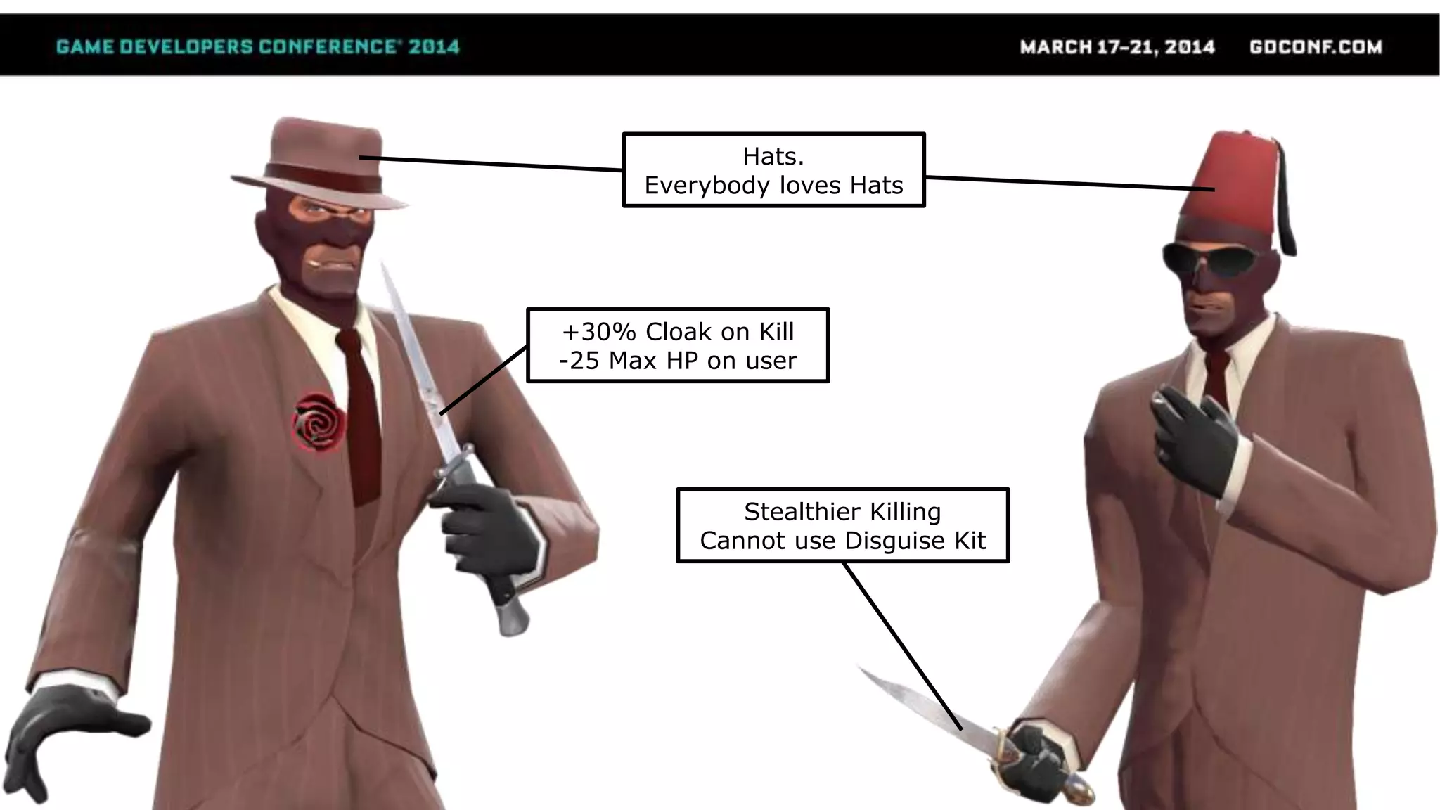 +30% Cloak on Kill
-25 Max HP on user
Stealthier Killing
Cannot use Disguise Kit
Hats.
Everybody loves Hats
 