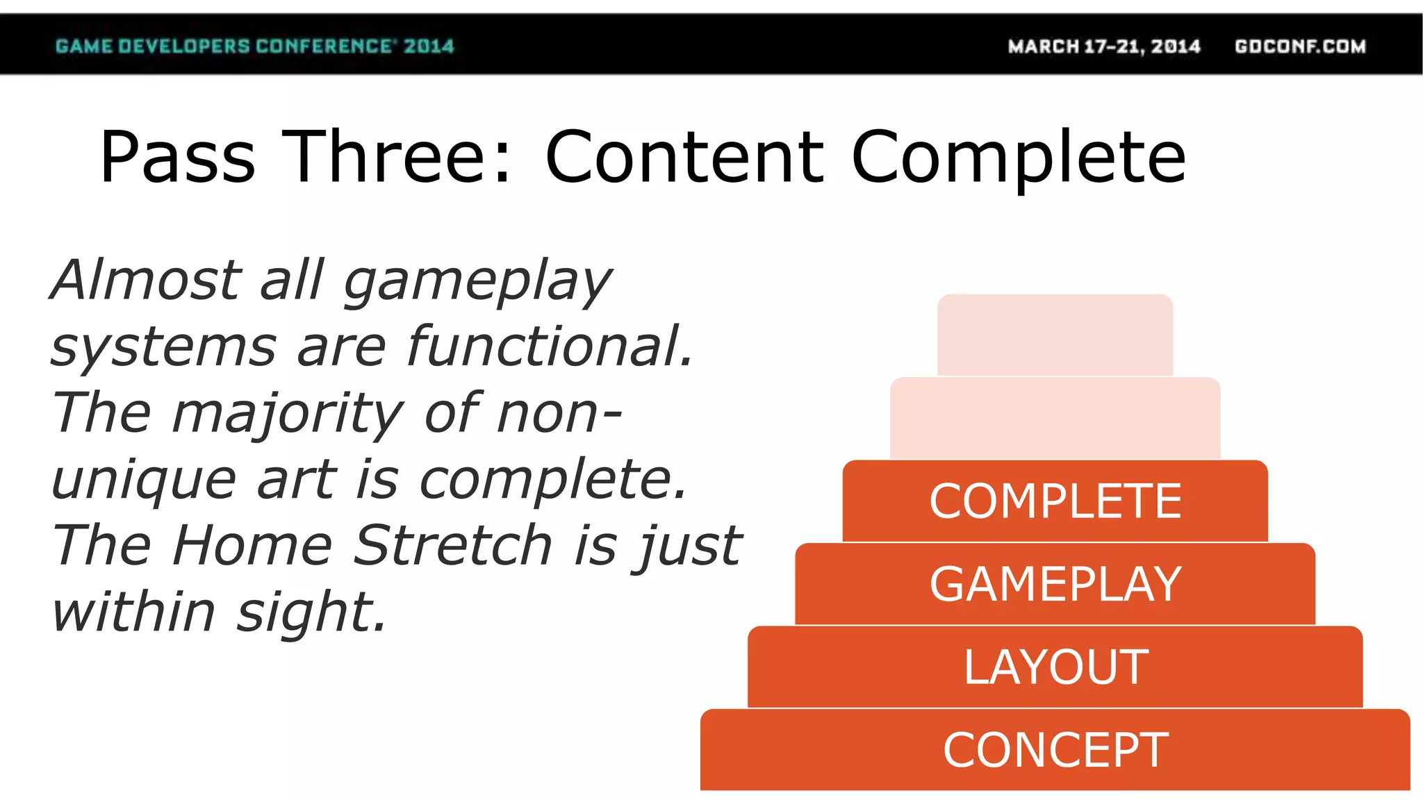 CONCEPT
LAYOUT
GAMEPLAY
COMPLETE
Pass Three: Content Complete
Almost all gameplay
systems are functional.
The majority of non-
unique art is complete.
The Home Stretch is just
within sight.
 