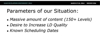Parameters of our Situation:
● Massive amount of content (150+ Levels)
● Desire to Increase LD Quality
● Known Scheduling Dates
 