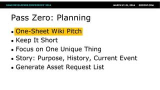 Pass Zero: Planning
● One-Sheet Wiki Pitch
● Keep It Short
● Focus on One Unique Thing
● Story: Purpose, History, Current Event
● Generate Asset Request List
 