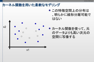 カーネル関数を用いた柔軟なモデリング
                 この特徴空間上の分布は
                  、明らかに線形分離可能で
                  はない

x2
                 カーネル関数を使って、元
                  のデータよりも高い次元の
                  空間に写像する


       x1
 